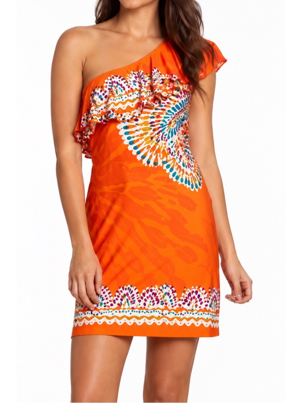 Wrapper Vibrant orange one-shoulder mini dress w/ a dramatic layered ruffle